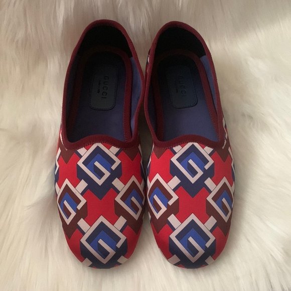 GUCCI Voyage Travel Satin Slippers in Red/Navy Blue Size US8/EURO38 w/ Dust Bag - Picture 2 of 11
